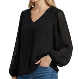 NWT VINCE CAMUTO Black Long Sleeve V-Neck Ruffle Sleeve Blouse Size Small